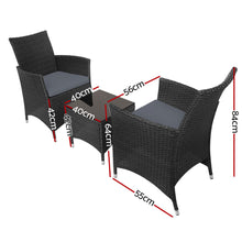 Load image into Gallery viewer, Gardeon 3PC Outdoor Bistro Set Patio Furniture Wicker Chairs Table Cushion All Black
